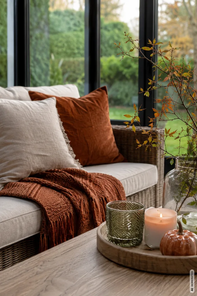 Herbst im Wintergarten: 5 moderne Deko-Ideen für eine gemütliche Atmosphäre Moderne Herbstdeko für den Wintergarten mit Kissen, Decke und warmen Naturtönen.