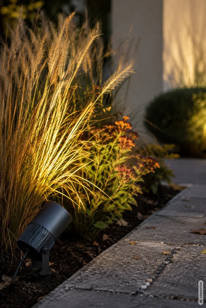 Moderne Herbstbeleuchtung im Garten: Ein Bodenstrahler beleuchtet Ziergräser und Herbstpflanzen mit warmem Licht.