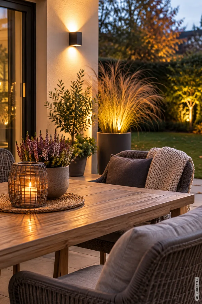 Moderne Herbstbeleuchtung im Garten mit warm beleuchtetem Sitzplatz, Pflanzen und dezenten Lichtquellen.
