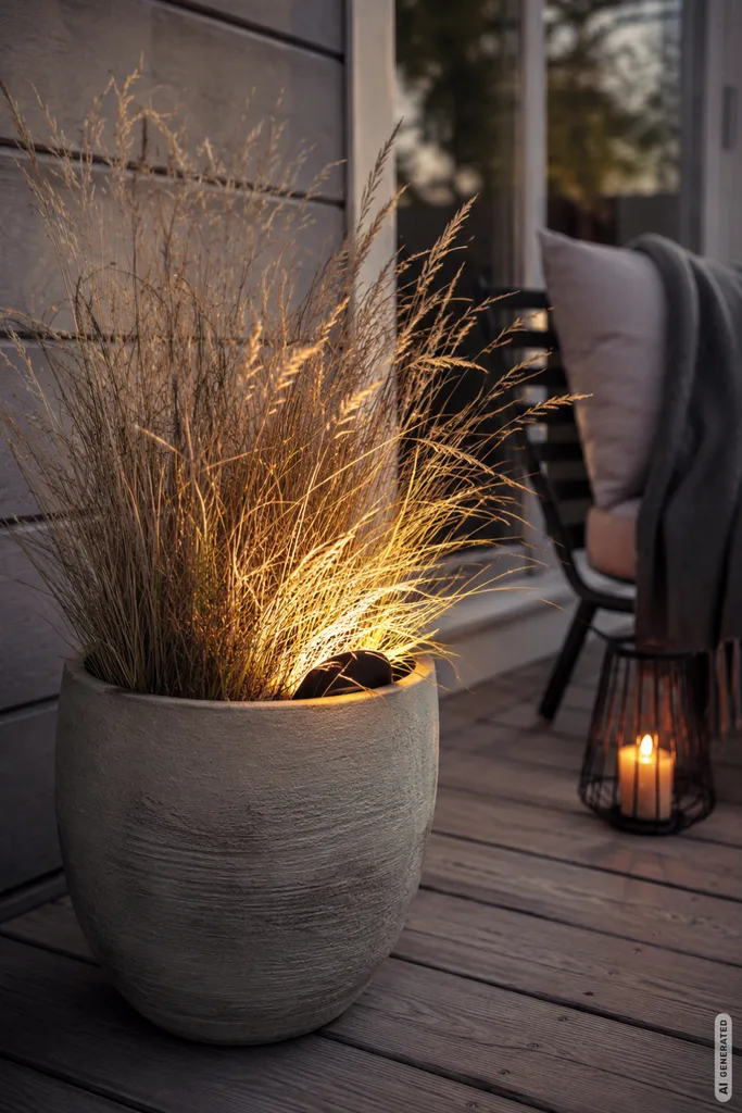 Moderne Herbstbeleuchtung im Garten mit beleuchtetem Pflanzkübel, Ziergras und warmem Licht.