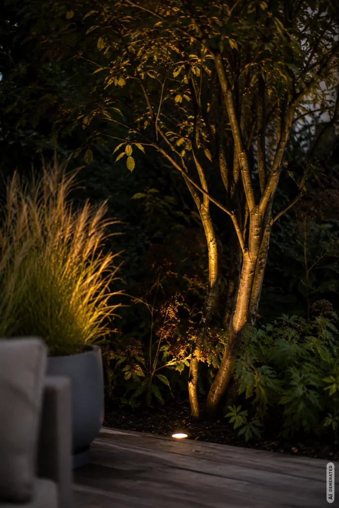 Moderne Herbstbeleuchtung im Garten mit warm beleuchtetem Baum und dezenten Lichtakzenten.