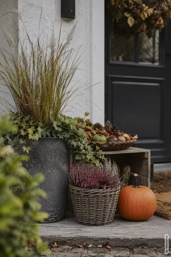 Selbst gemachte Herbstdeko für den Garten mit Gräsern, Heide, Kürbis und Naturmaterialien am Hauseingang.