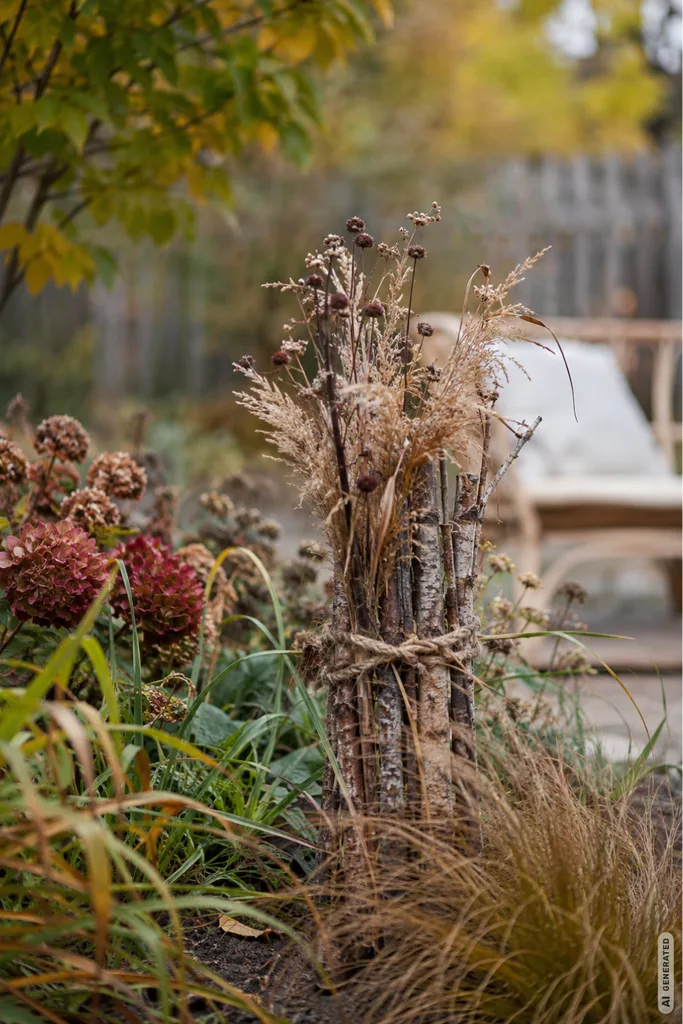 Herbstdeko für den Garten selber machen mit Zweigen, Gräsern und Fruchtständen im herbstlichen Beet.