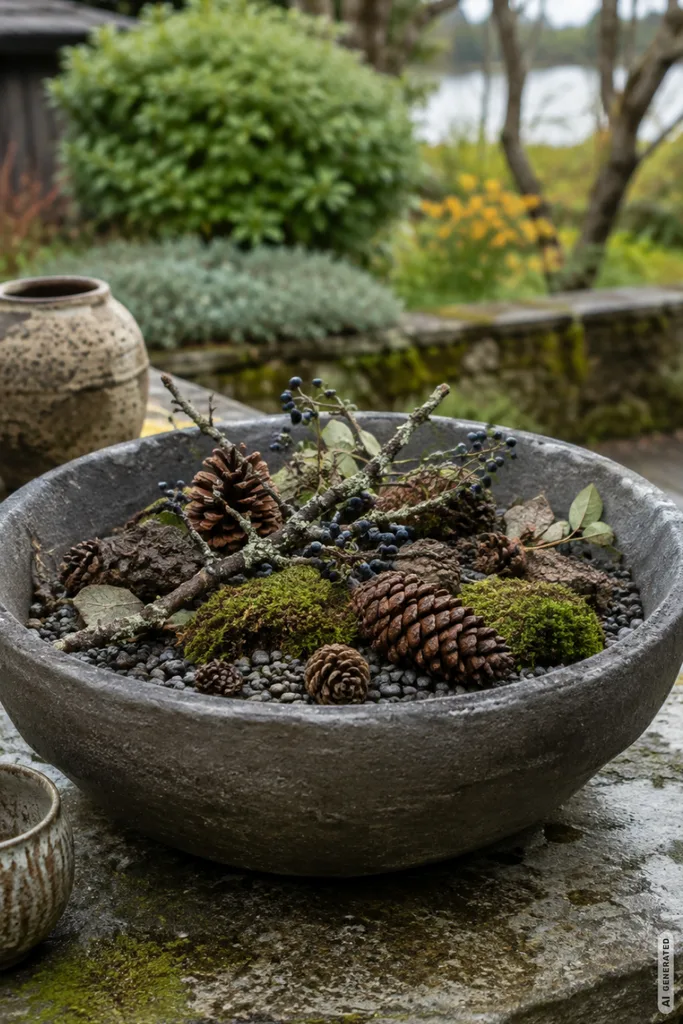 Herbstdeko für den Garten selber machen: wetterfeste Schale mit Zapfen, Moos und Zweigen auf Gartentisch.