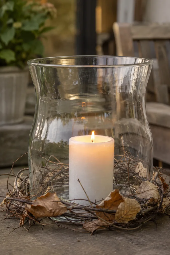 Herbstdeko für den Garten selber machen mit Windlicht, Zweigen und getrockneten Blättern.
