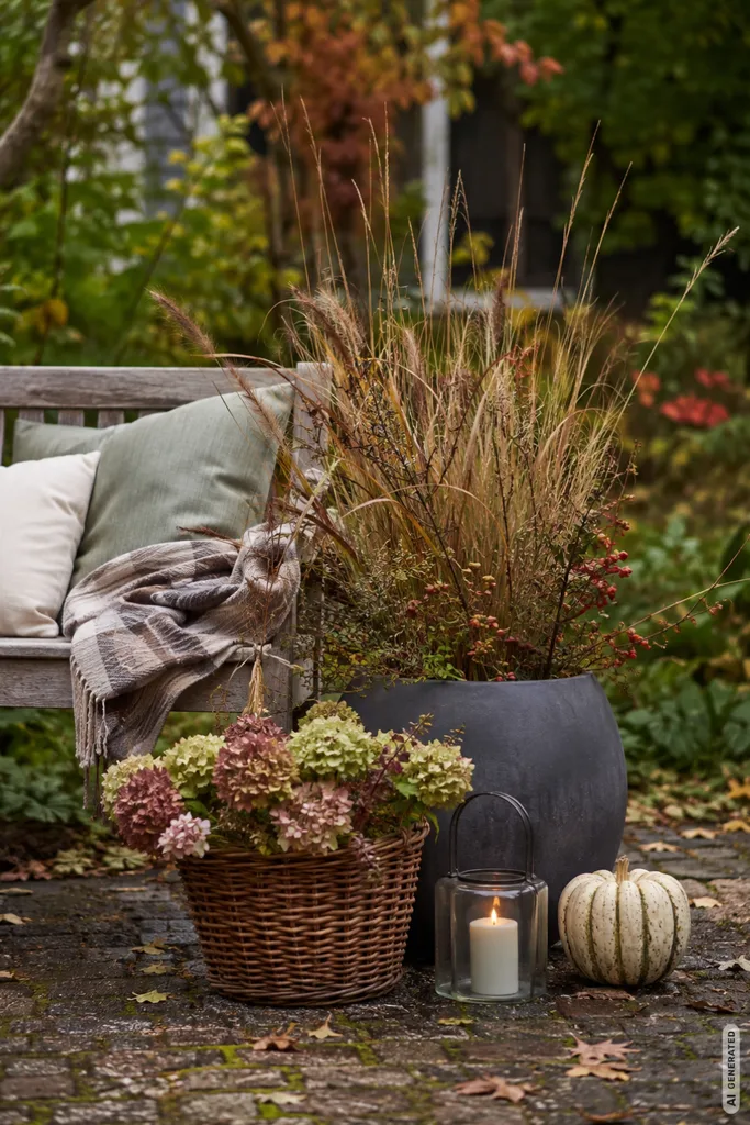 Herbstdeko für den Garten selber machen mit Bank, Gräsern, Korb, Kürbis und Windlicht.