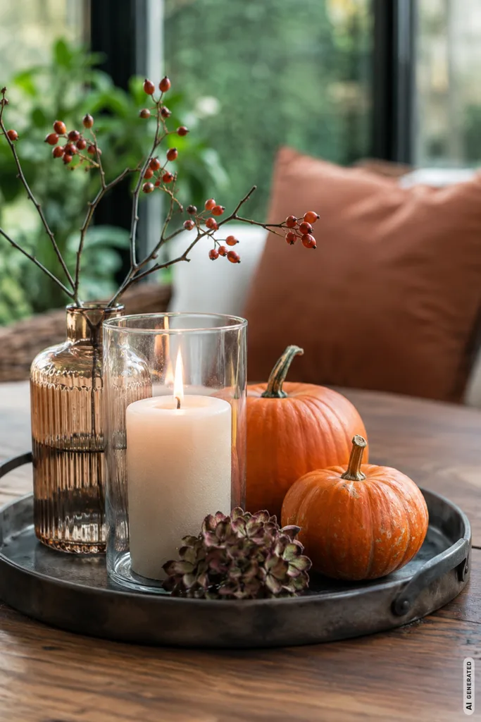Herbst im Wintergarten: 5 moderne Deko-Ideen für eine gemütliche Atmosphäre Moderne Herbstdeko für den Wintergarten mit Kerze, Vase und Kürbissen auf einem Tablett.