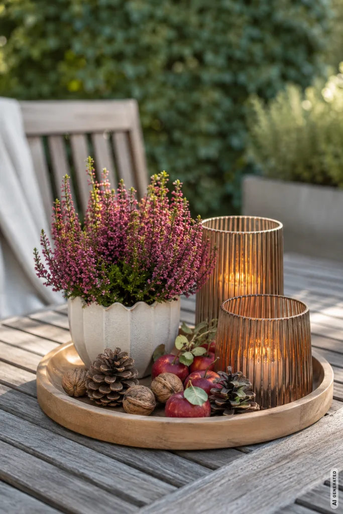 Moderne Herbstdeko für den Gartentisch mit Heide, Windlichtern, Äpfeln und Zapfen auf einem Holztablett.