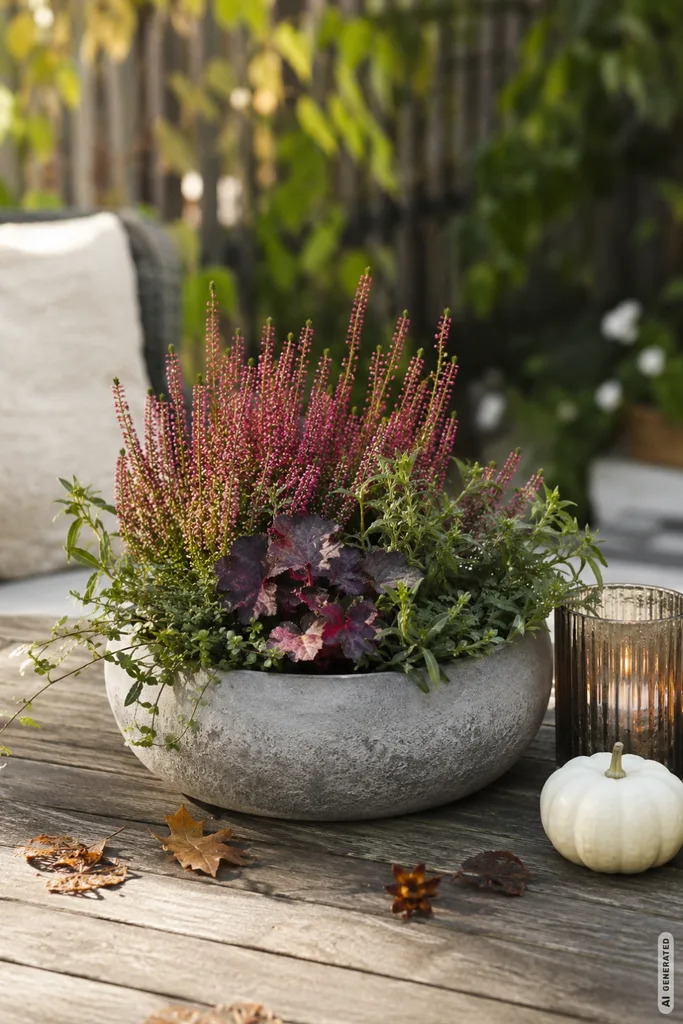Moderne Herbstdeko für den Gartentisch mit Heide, Purpurglöckchen, Windlicht und weißem Kürbis.