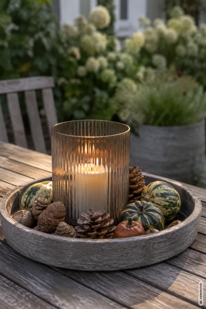 Moderne Herbstdeko für den Gartentisch mit Windlicht, Naturmaterialien und kleinen Zierkürbissen.