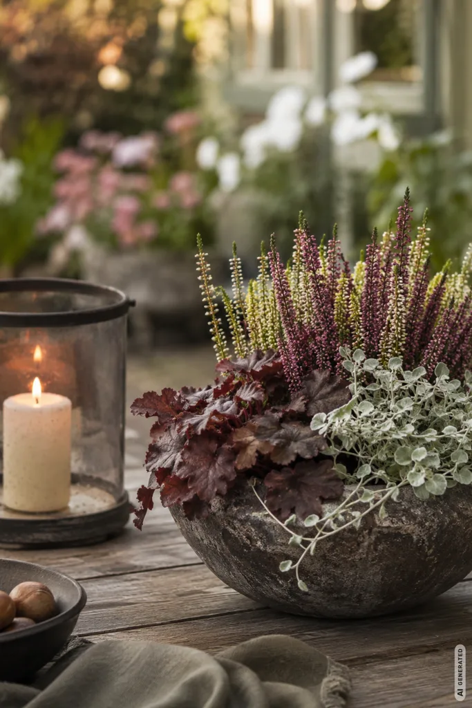 Moderne Herbstdeko für den Gartentisch mit Heide, Windlicht und natürlichen Herbstfarben.