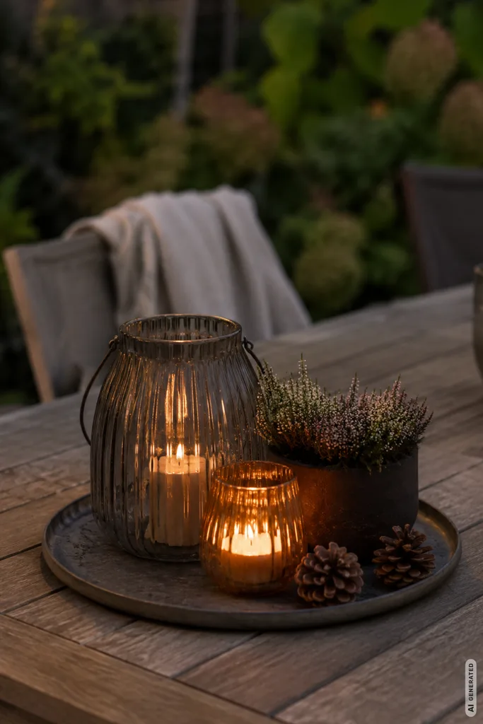 Moderne Herbstdeko für den Gartentisch mit Windlichtern, Heide und Zapfen in ruhiger Herbststimmung.