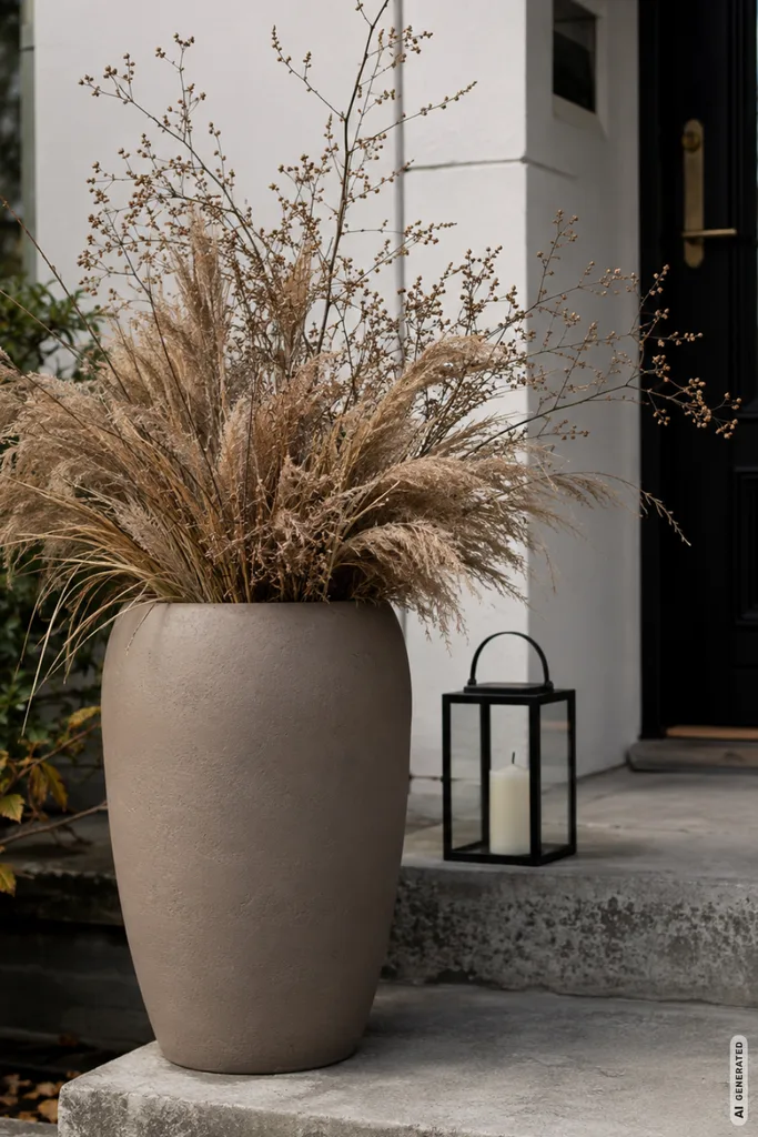 Moderne Herbstdeko für Treppenstufen beim Hauseingang mit großem Kübel, Trockenblumen und Laterne.
