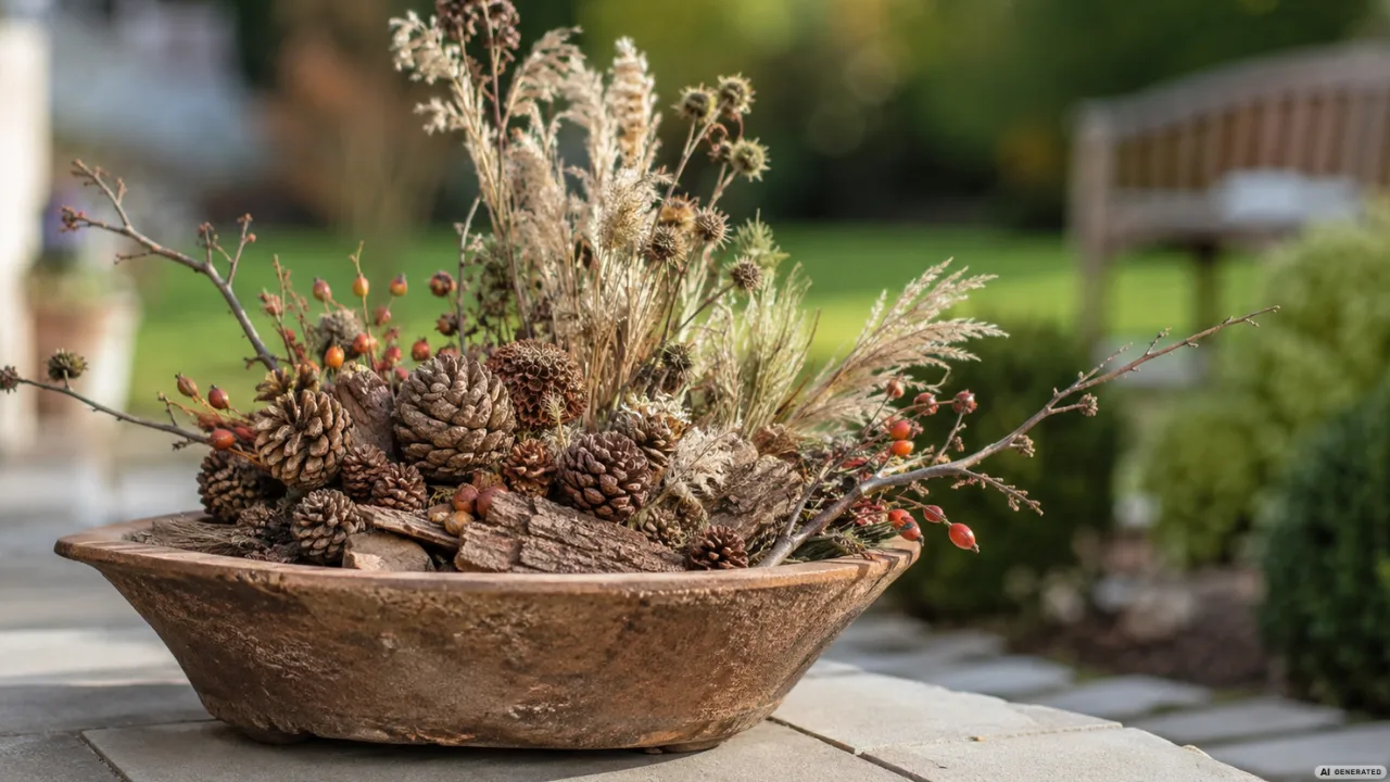 Herbstdeko mit Naturmaterialien im Garten: rustikale Schale mit Zapfen, Zweigen, Gräsern und Hagebutten.