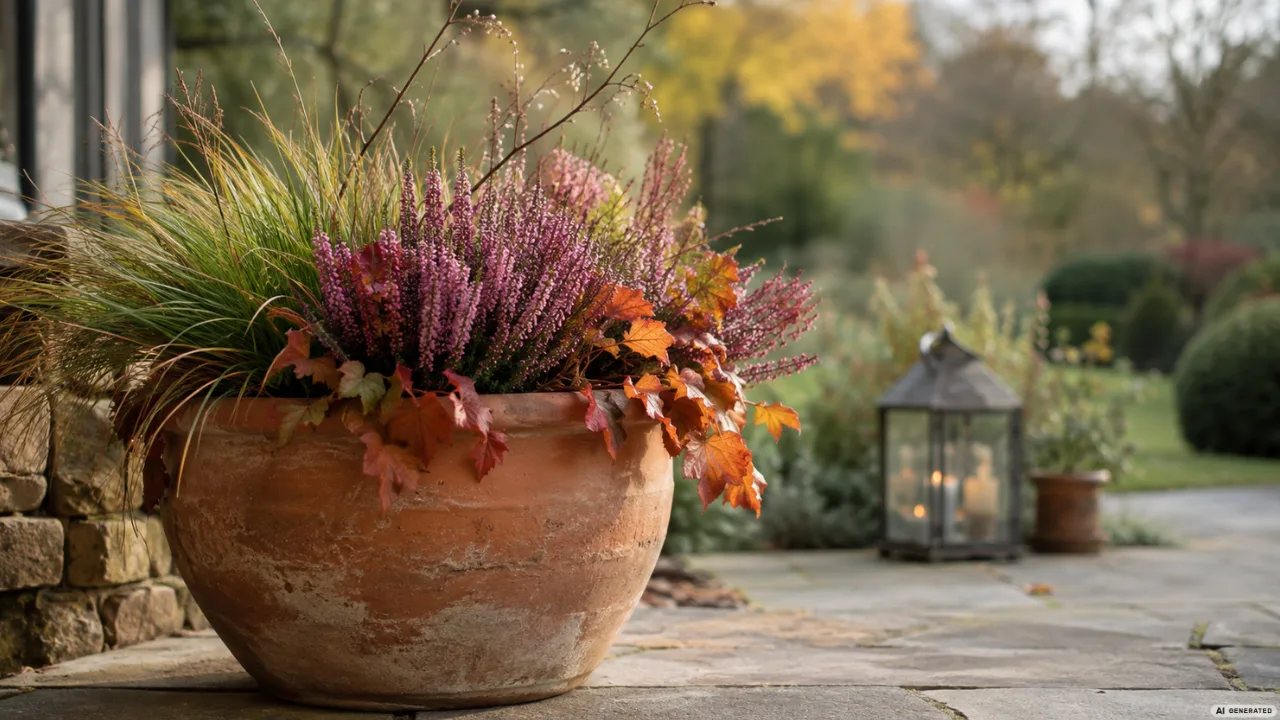 Einfache Herbstdeko für den Garten mit Terrakottatopf, Heide, Gräsern und Laterne auf der Terrasse.