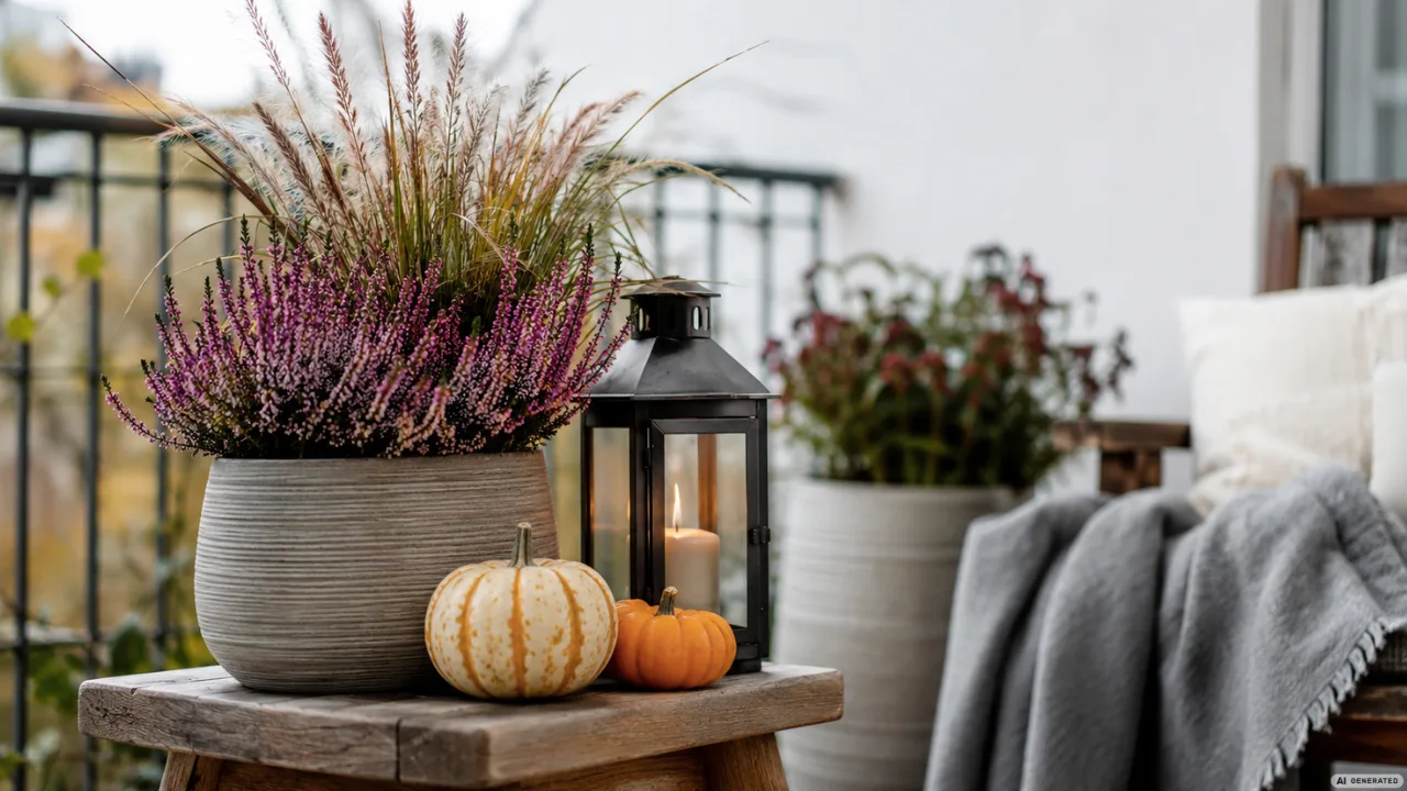 Einfache Herbstdeko für den Balkon mit Heide, Ziergras, Laterne und kleinen Kürbissen.