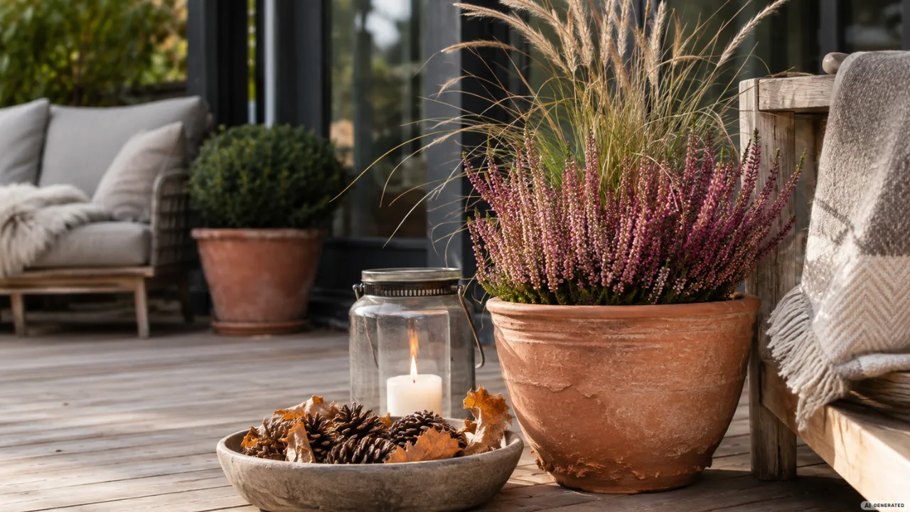 Einfache Herbstdeko für die Terrasse mit Heide, Gräsern, Laterne und Naturmaterialien auf Holzdeck.