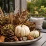 Herbstdeko mit Naturmaterialien auf der Terrasse mit Kürbissen, Zapfen, Hortensien und getrockneten Gräsern.