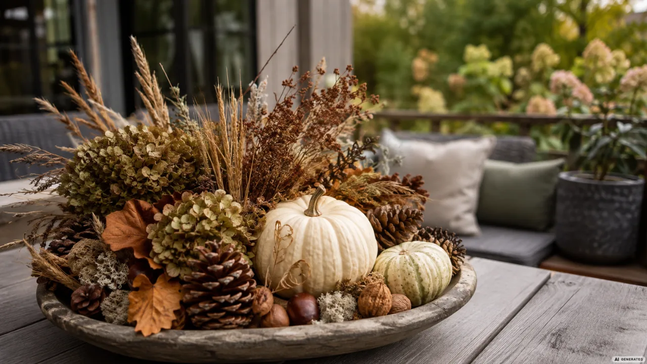 Herbstdeko mit Naturmaterialien auf der Terrasse mit Kürbissen, Zapfen, Hortensien und getrockneten Gräsern.