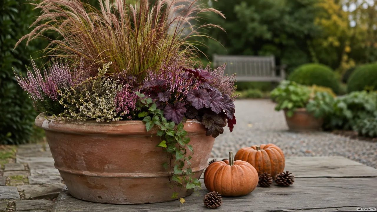 Pflegeleichte Herbstdeko für den Garten mit Pflanzkübel, Ziergräsern, Heide und Kürbissen auf der Terrasse.