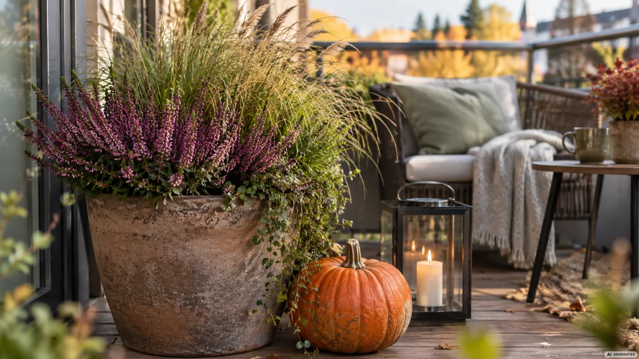 Pflegeleichte Herbstdeko für den Balkon: 5 Ideen ohne ständiges Umräumen Pflegeleichte Herbstdeko für den Balkon mit Heide, Ziergras, Kürbis und Laterne als einfache Idee.