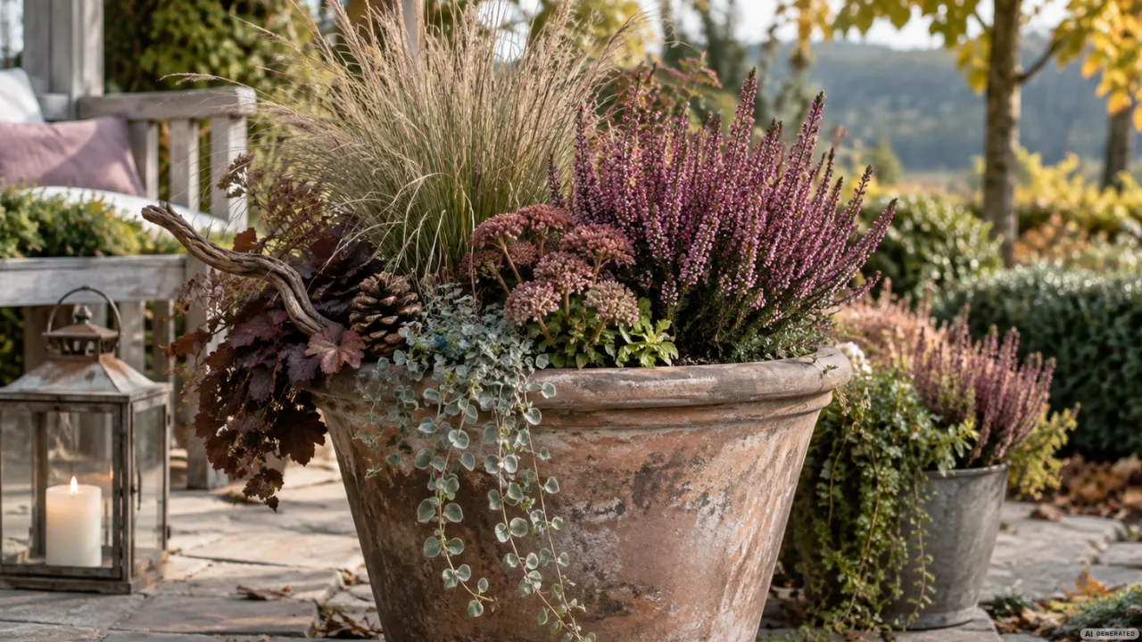 Gartendeko im September mit herbstlichen Ideen: großer Terrakottatopf mit Heide, Gräsern und Laterne auf Terrasse.