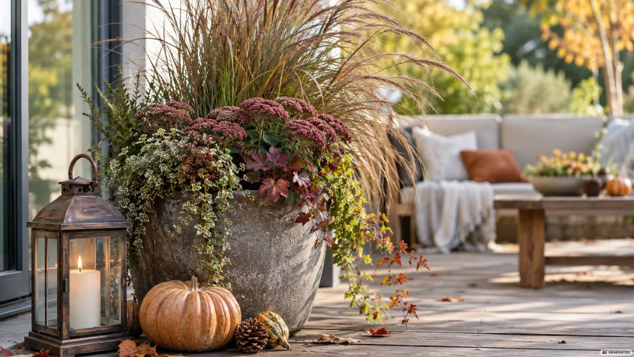 Pflegeleichte Herbstdeko für die Terrasse mit Kübel, Ziergras, Laterne und Kürbis auf Holzdeck.