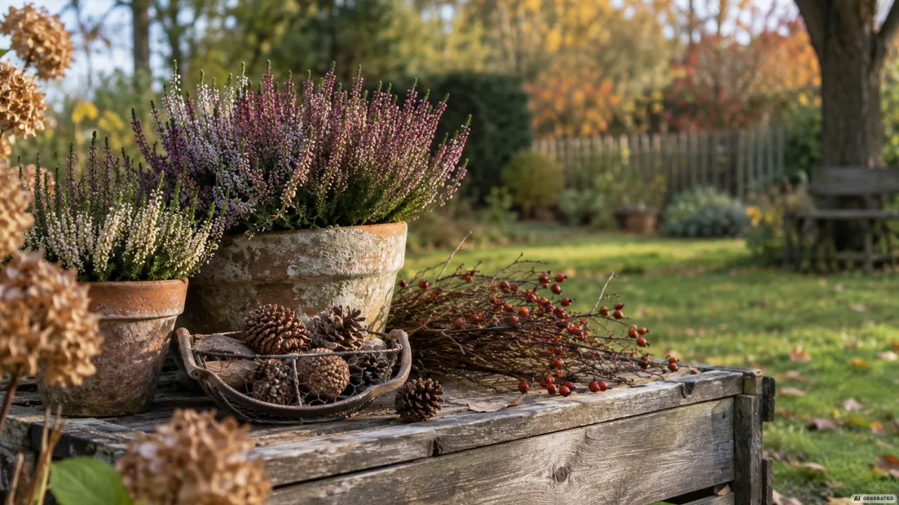 Herbstdeko für den Garten mit Heide, Hagebutten und Naturmaterialien als günstige Ideen im Herbst.