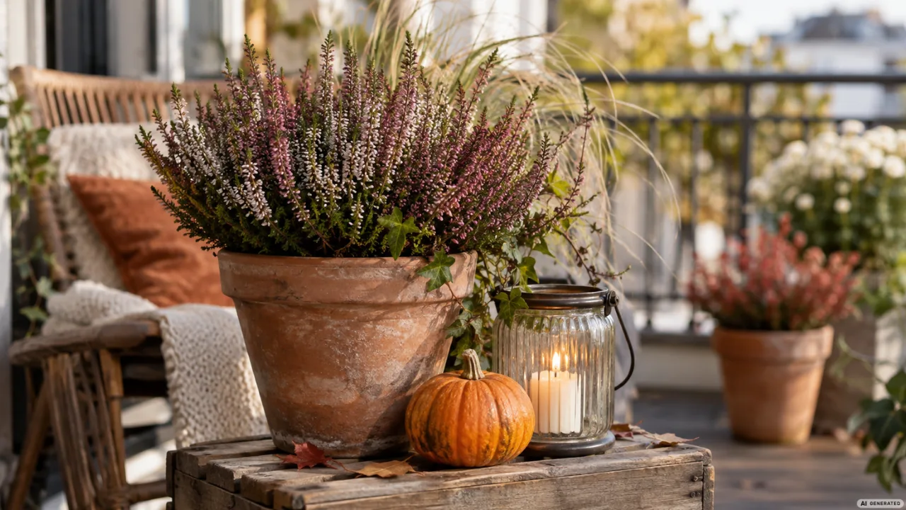 Günstige Herbstdeko für den Balkon mit Heide, Kürbis und Laterne als einfache herbstliche Idee.