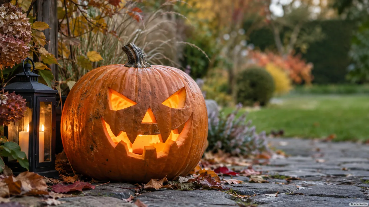 Leuchtender Kürbis mit Laterne als gruselige Halloweendeko im Garten auf herbstlichem Gartenweg.