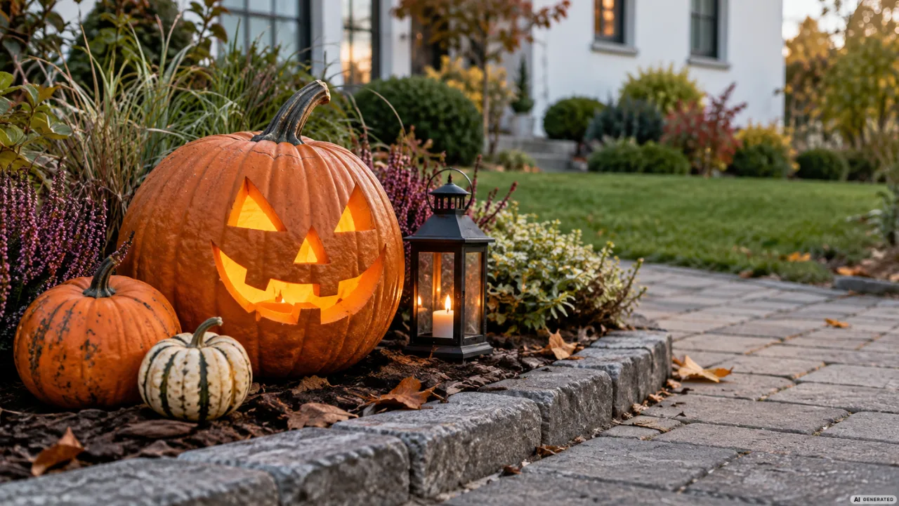 Halloweendeko im Vorgarten: 3 einfache Ideen mit Licht, Kürbissen und Geistern Halloweendeko im Vorgarten mit leuchtendem Kürbis, Laterne und herbstlicher Bepflanzung am Gartenweg.