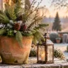 Winterdeko im Garten mit Terrakottatopf, Tannengrün, Zapfen und Laterne in winterlicher Umgebung.