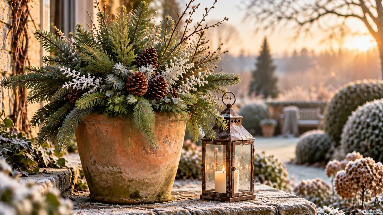 Winterdeko im Garten mit Terrakottatopf, Tannengrün, Zapfen und Laterne in winterlicher Umgebung.