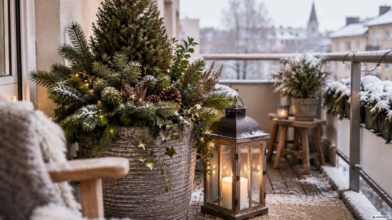 Winterdeko für den Balkon mit Tannengrün im Kübel, großer Laterne, Lichterkette und verschneitem Hintergrund.