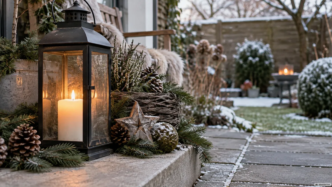 Winterdeko für einen kleinen Garten mit Laterne, Tannengrün und natürlichen Dekoideen im Winter.