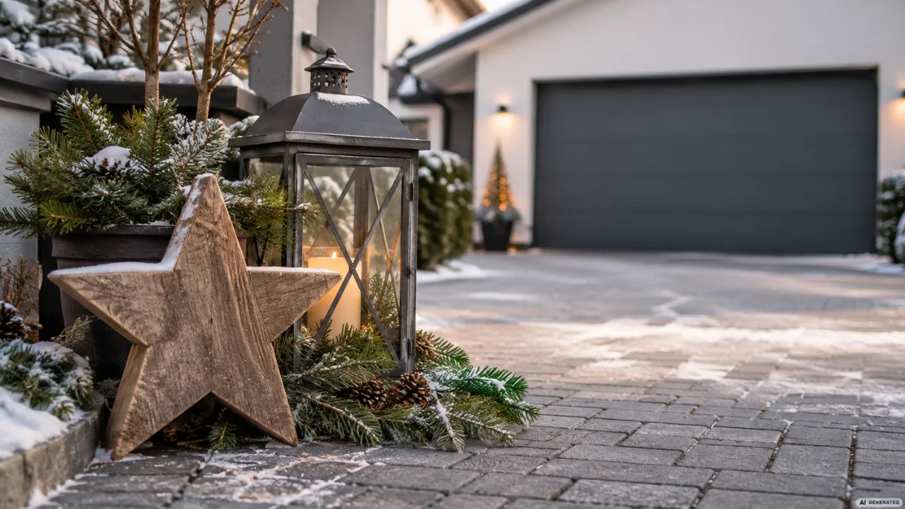 Winterdeko für die Einfahrt mit Holzstern, Laterne, Tannengrün und verschneitem Pflaster vor der Garage.