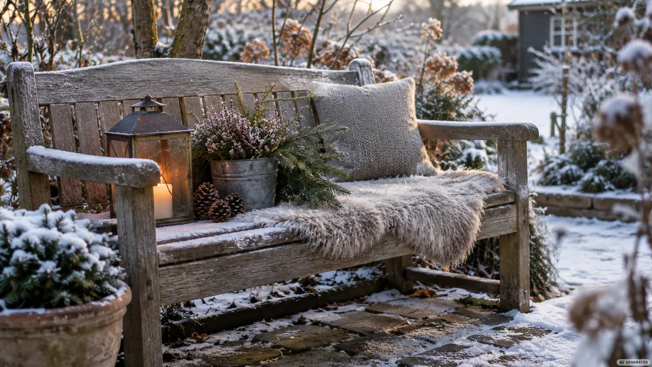 Winterdeko für deine Gartenbank mit Laterne, Kissen und Zweigen im verschneiten Garten.