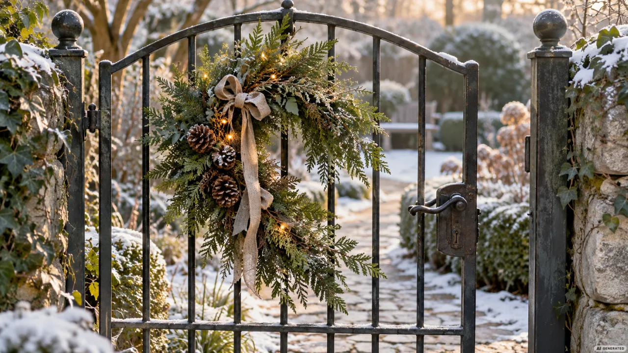5 Ideen für Winterdeko am Gartentor, die wetterfest und trotzdem dekorativ sind Winterdeko für Gartentor mit Tannengrün, Kranz, Schleife und warmen Lichtern an einem verschneiten Eingang.