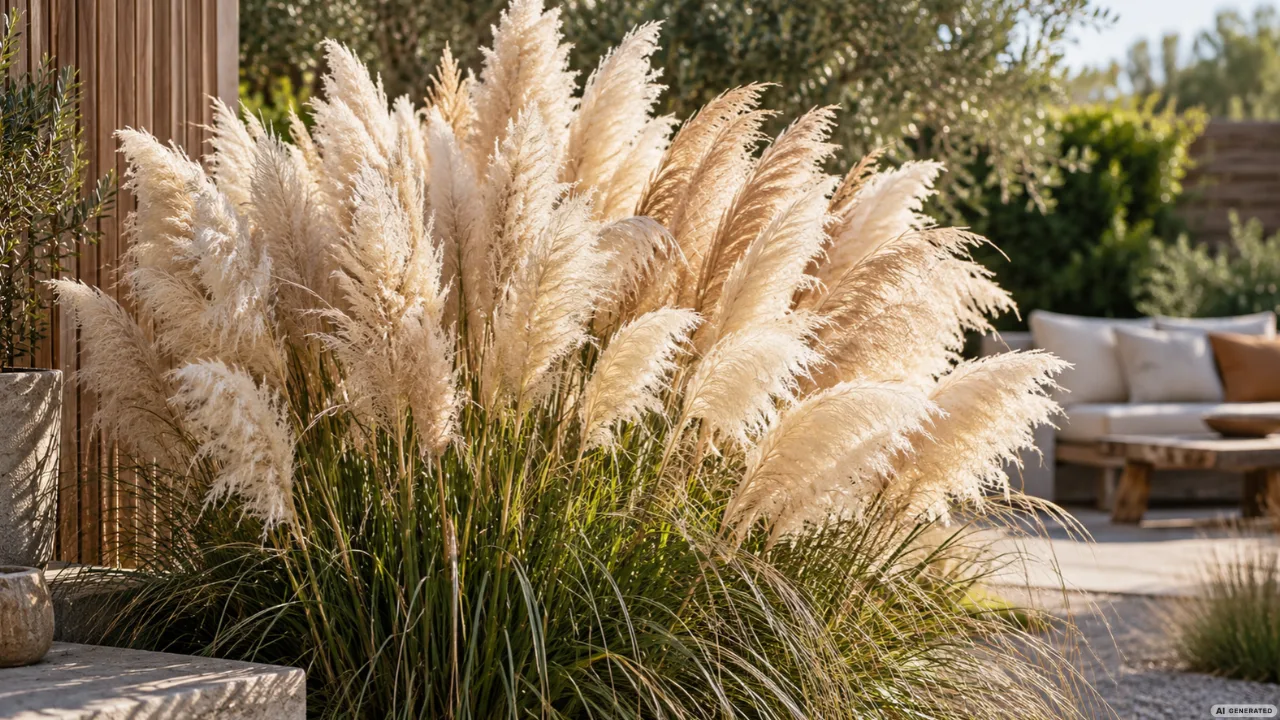 Pampasgras-Deko für den Garten mit großen hellen Rispen an einer Terrasse.