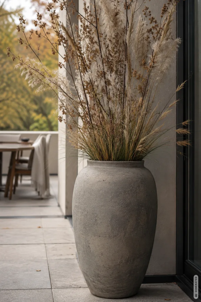 Herbstdeko mit Naturmaterialien für die Terrasse: 5 Ideen, die draußen wirklich funktionieren Herbstdeko mit Naturmaterialien für die Terrasse: hohe Zweige und Gräser in einer großen Keramikvase.