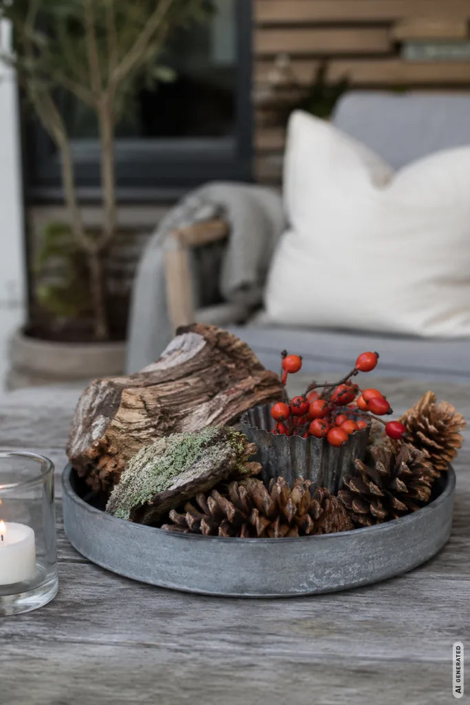 Herbstdeko mit Naturmaterialien für die Terrasse: 5 Ideen, die draußen wirklich funktionieren Herbstdeko mit Naturmaterialien für die Terrasse aus Zapfen, Rinde und Hagebutten auf einem Tablett.