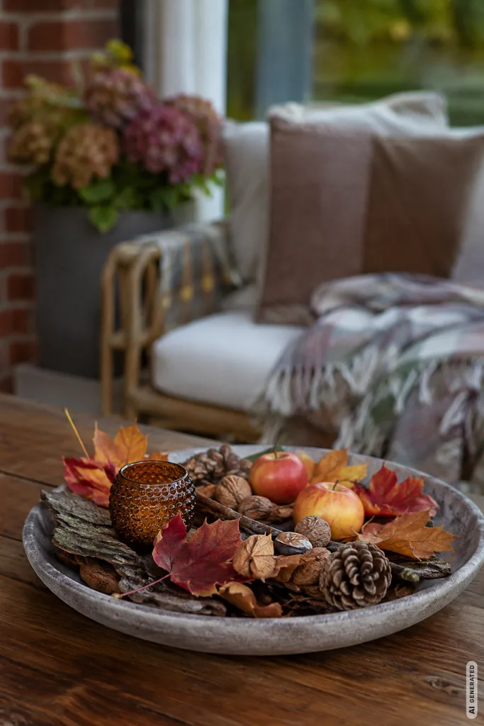 Herbstdeko mit Naturmaterialien für die Terrasse: 5 Ideen, die draußen wirklich funktionieren Herbstdeko mit Naturmaterialien für die Terrasse aus buntem Laub, Äpfeln, Nüssen und Zapfen.