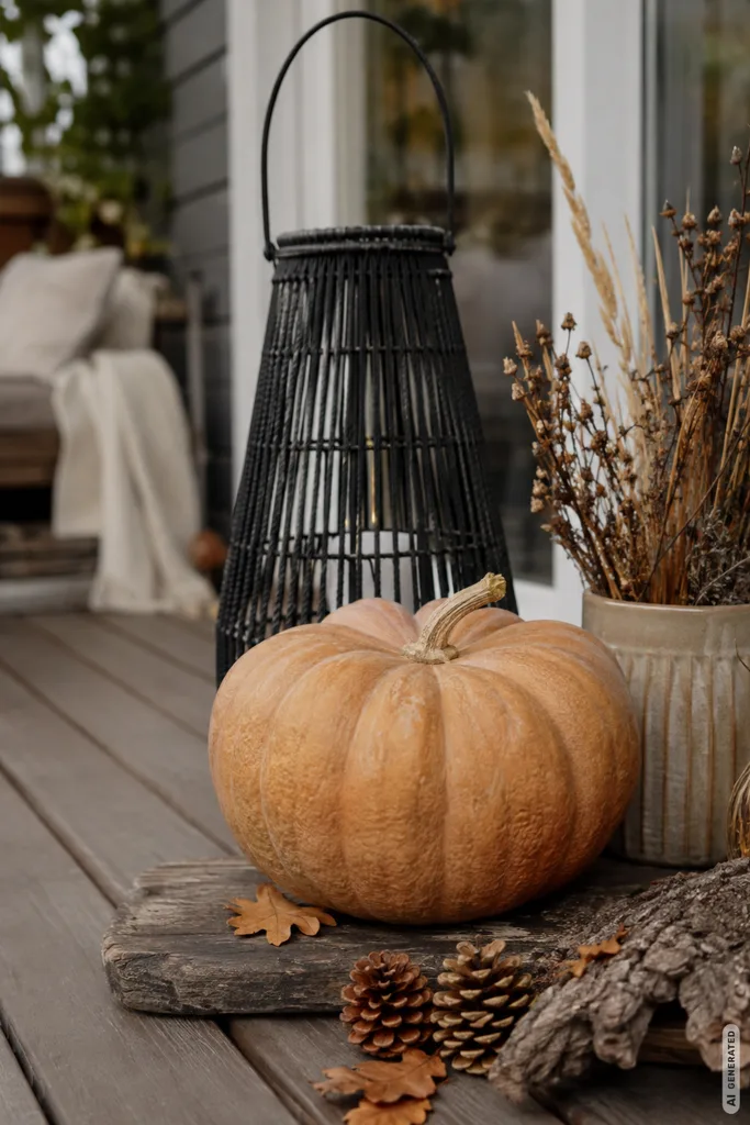 Herbstdeko mit Naturmaterialien für die Terrasse: 5 Ideen, die draußen wirklich funktionieren Herbstdeko mit Naturmaterialien für die Terrasse mit Kürbis, Gräsern, Zapfen und Holz.