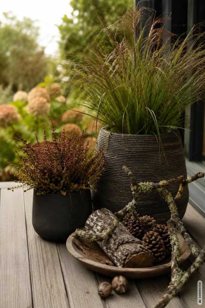 Herbstdeko mit Naturmaterialien für die Terrasse: 5 Ideen, die draußen wirklich funktionieren Herbstdeko mit Naturmaterialien für die Terrasse mit Gräsern, Zweigen, Zapfen und rustikalen Holzelementen.