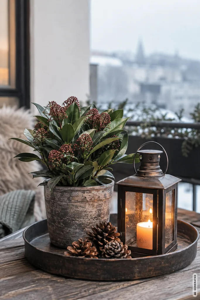 Winterdeko für den Balkon: 5 Ideen, die auch kleine Flächen gemütlich wirken lassen Winterdeko für den Balkon mit Tablett, Laterne, Pflanze und Zapfen auf einem Balkontisch.