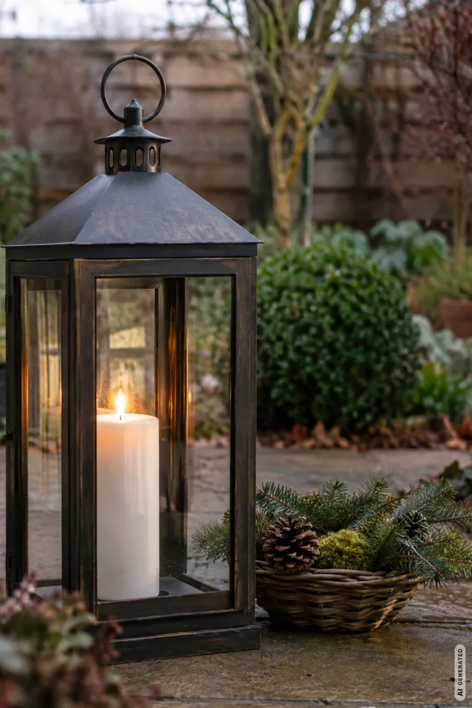 Mit diesen 5 Winterdeko-Ideen wirkt ein kleiner Garten sofort gemütlicher Winterdeko für einen kleinen Garten mit großer Laterne, Tannenzweigen, Zapfen und natürlichem Wintergrün.