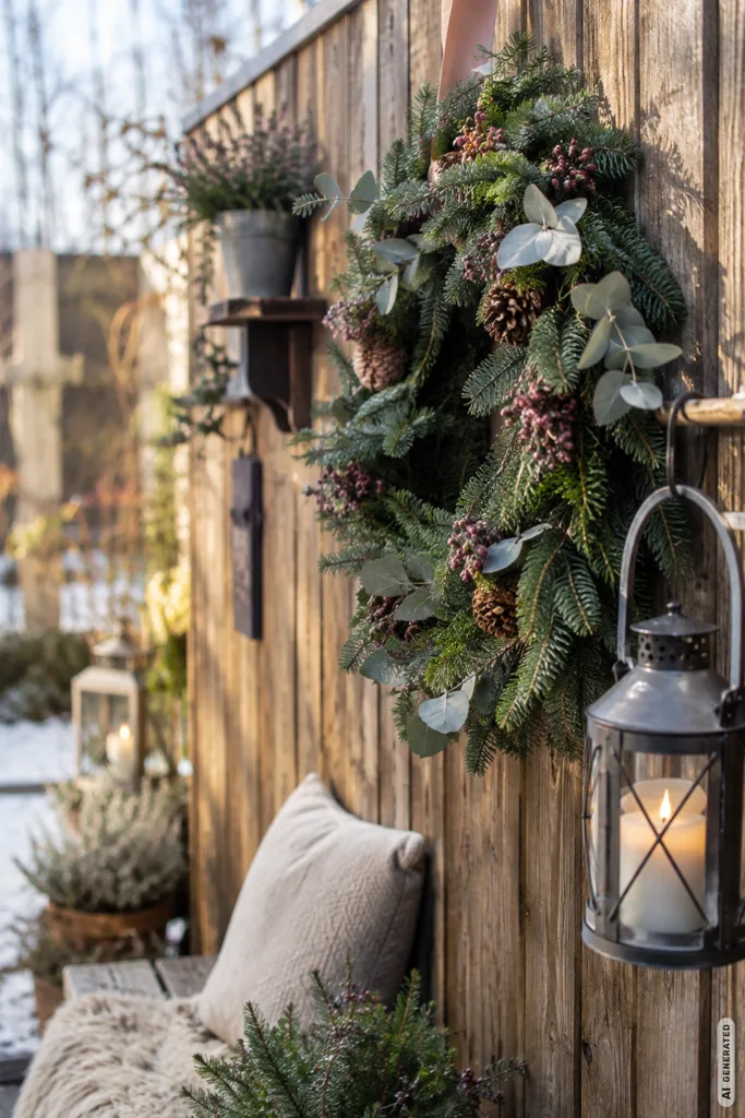 Mit diesen 5 Winterdeko-Ideen wirkt ein kleiner Garten sofort gemütlicher Winterdeko für einen kleinen Garten mit Winterkranz und Laterne am Holzzaun.