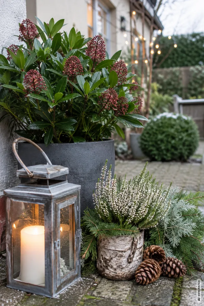 Mit diesen 5 Winterdeko-Ideen wirkt ein kleiner Garten sofort gemütlicher Winterdeko für einen kleinen Garten mit immergrünen Pflanzen, Laterne, Heide und Tannenzweigen.