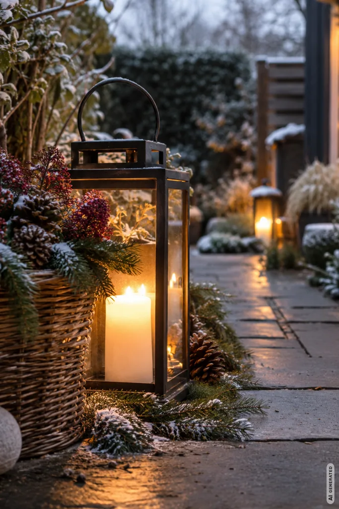 Mit diesen 5 Winterdeko-Ideen wirkt ein kleiner Garten sofort gemütlicher Winterdeko für einen kleinen Garten mit Laternen, Tannengrün und dezenten Lichtpunkten am Gartenweg.