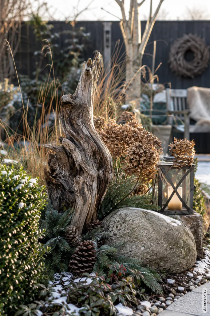 Mit diesen 5 Winterdeko-Ideen wirkt ein kleiner Garten sofort gemütlicher Winterdeko für einen kleinen Garten mit Holz, Tannengrün, Zapfen, Stein und Laterne.